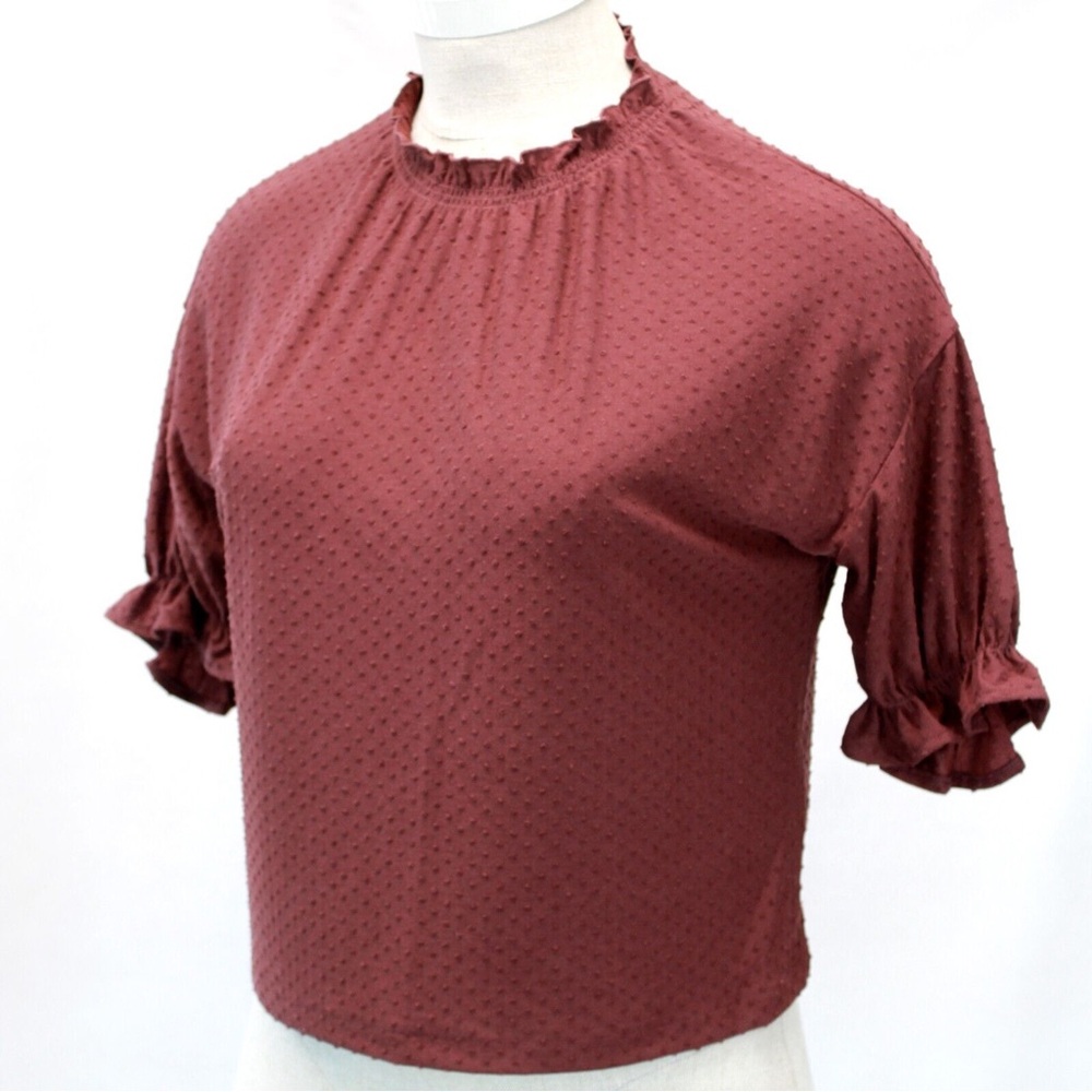 Madewell Women Burgundy Polka Dot Mock Neck Top Blouse XS